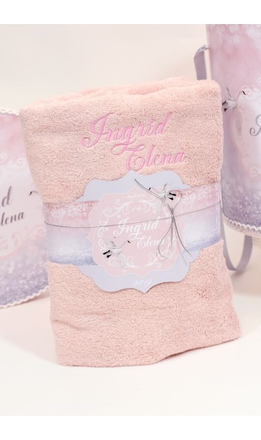 Trusou de botez pentru fetite, roz cu silver, lebada argintie  Silver Swan  1